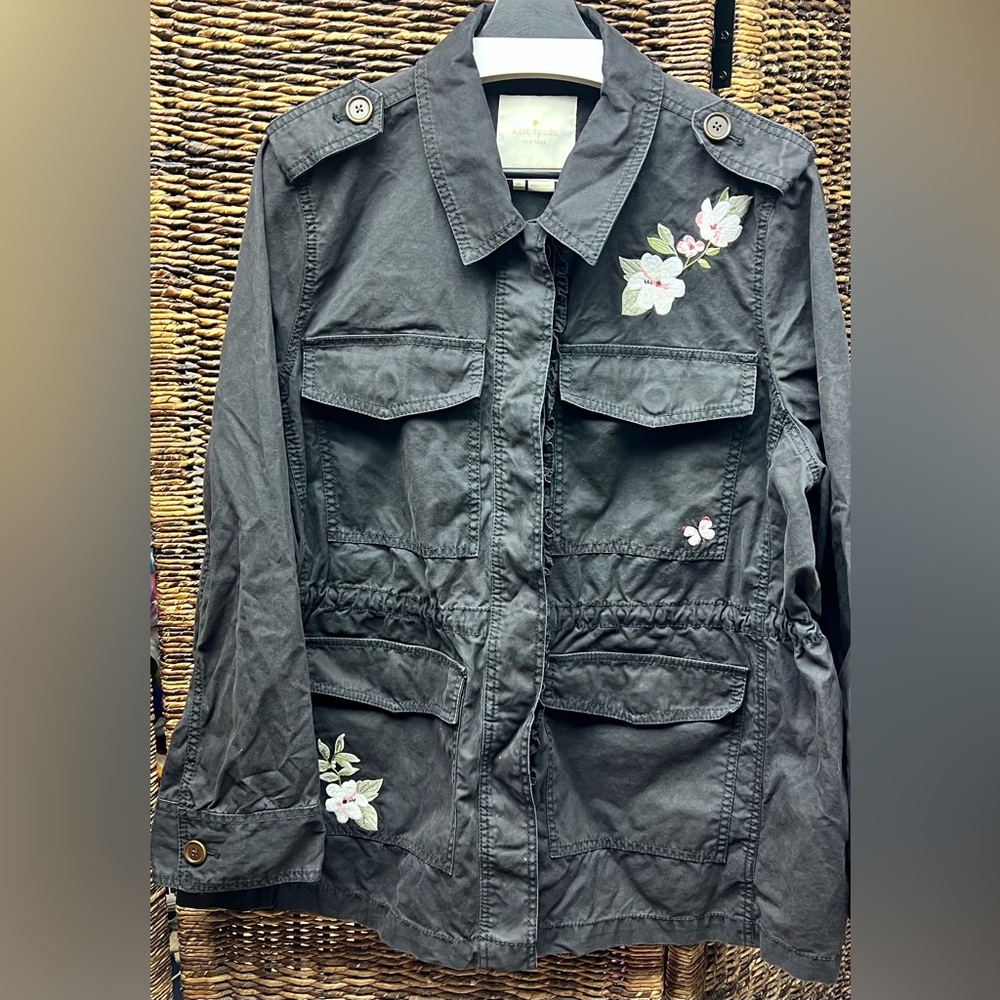Kate Spade Black Utility Jacket w/ Floral Embroidery- XLarge, Womens Fabric Fade